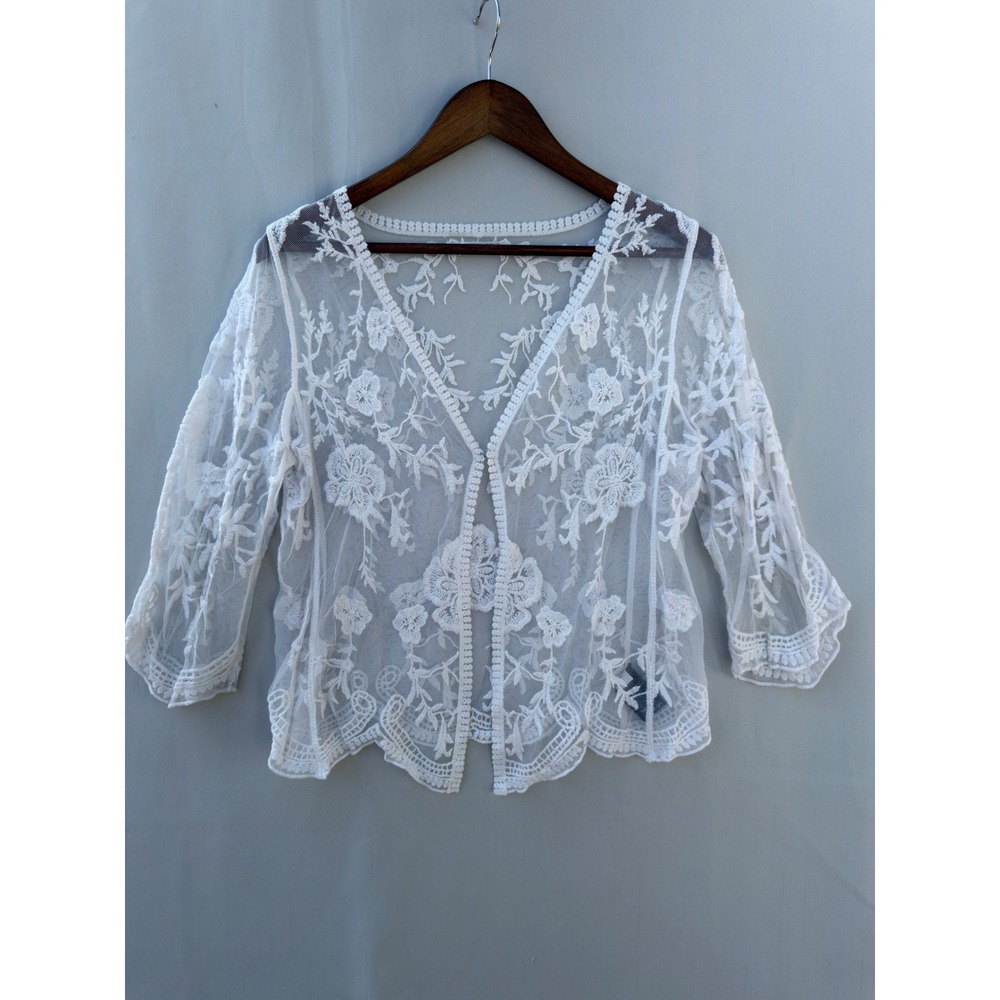 White Floral Lace Sheer Kimono Cardigan Boho Bridal Cover Up One Size